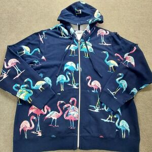Sun Bay Womens 1X Resort Hoodie Blue Pink Flamingo Beach Cotton Terry Jacket Zip